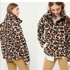 J.Crew Fleece Leopard Print Pullover Womens Size M Snap Collar Sherpa Sweatshirt